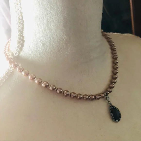 Handcrafted repurpose grey moon glow teardrop pendant Czech glass Pearl necklace - Picture 3 of 9